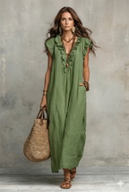 Women's Solid Color Ruffled Art Casual Fashion Cozy Cotton Linen Dress