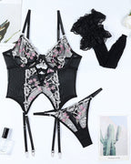 Flower Embroidered Stockings Bra Set