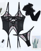 Flower Embroidered Stockings Bra Set