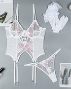 Flower Embroidered Stockings Bra Set