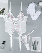 Flower Embroidered Stockings Bra Set