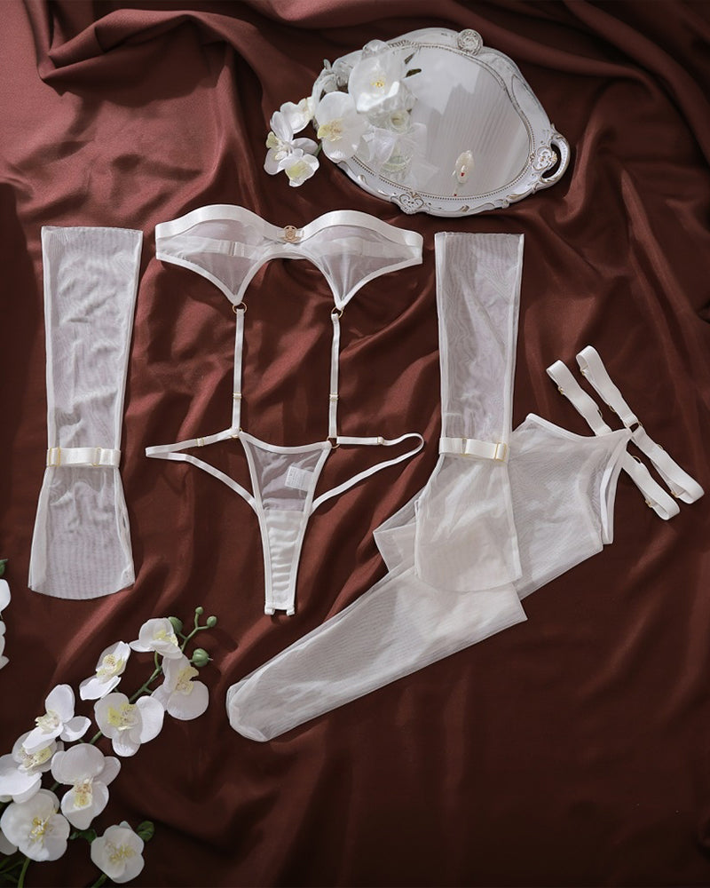 Sheer Mesh Bandeau Bodysuit with Garter Stockings and Long Gloves