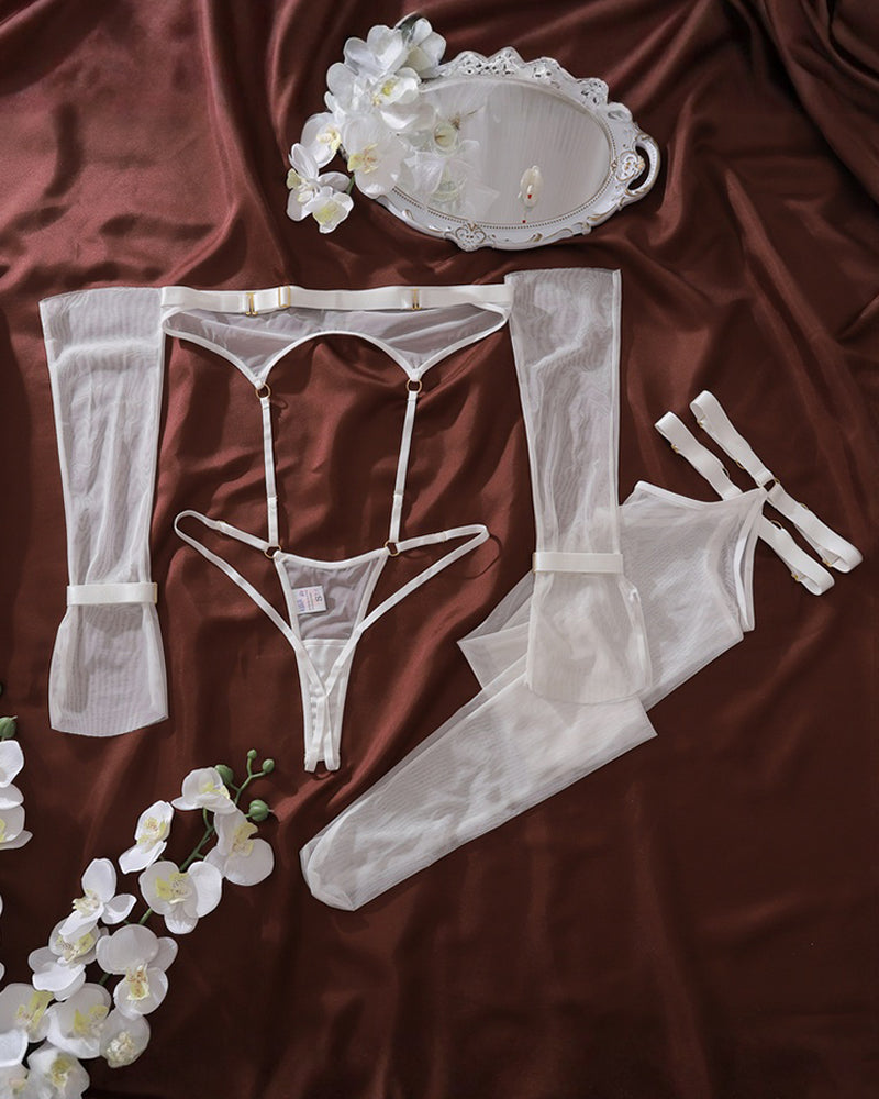 Sheer Mesh Bandeau Bodysuit with Garter Stockings and Long Gloves