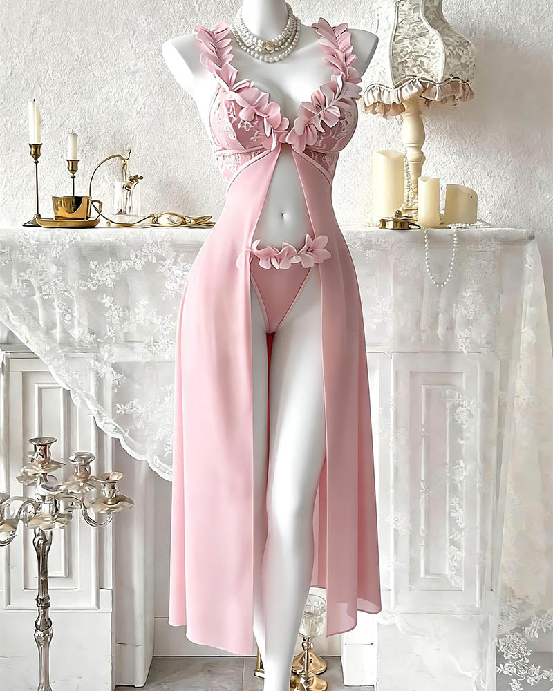 Floral Lace Sheer Mesh Maxi Skirt & Thong Set