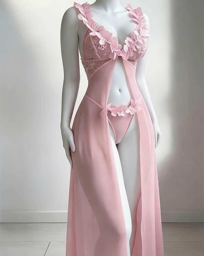 Floral Lace Sheer Mesh Maxi Skirt & Thong Set