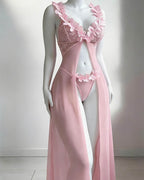 Floral Lace Sheer Mesh Maxi Skirt & Thong Set